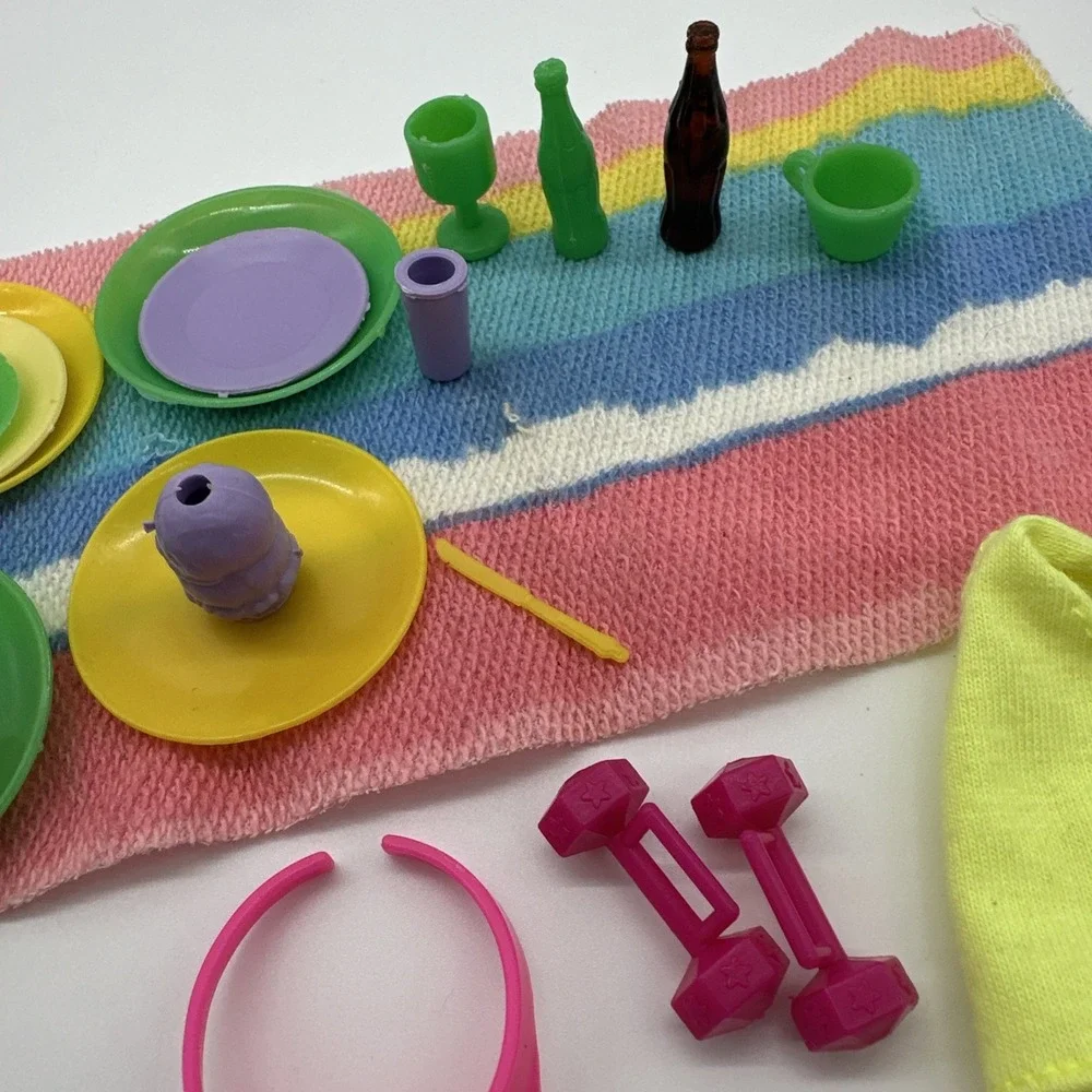 Vintage Barbie Accessories Lot Visor Shoes Dishes Towel Weights Mattel